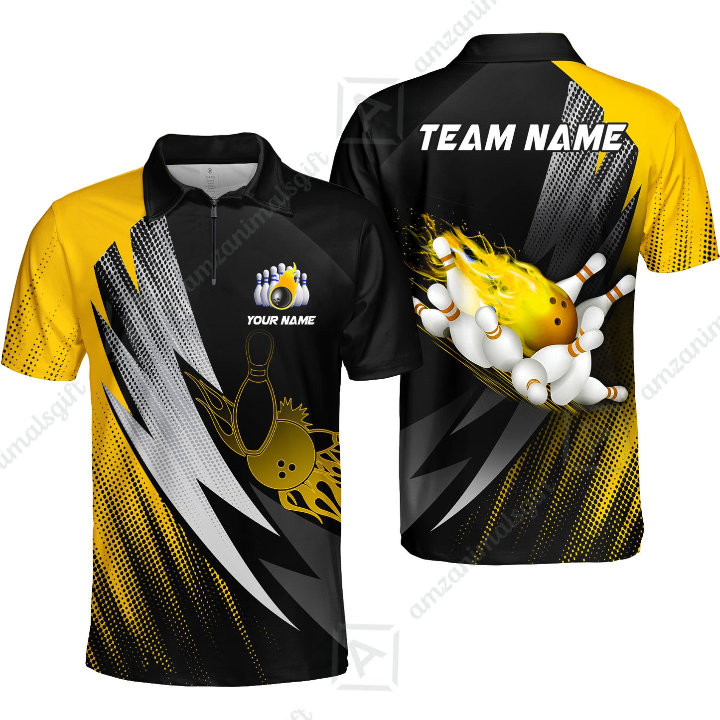 Customized Bowling Quater-Zip Polo Shirt, Bowling Ball And Pins Thunder Polka Dot Motifs Multicolor Option Customized Name And Team Polo Shirts