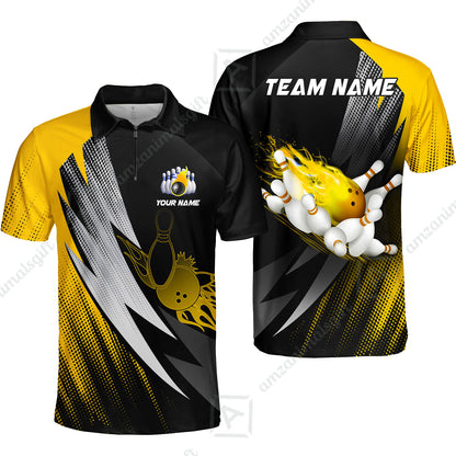 Customized Bowling Quater-Zip Polo Shirt, Bowling Ball And Pins Thunder Polka Dot Motifs Multicolor Option Customized Name And Team Polo Shirts