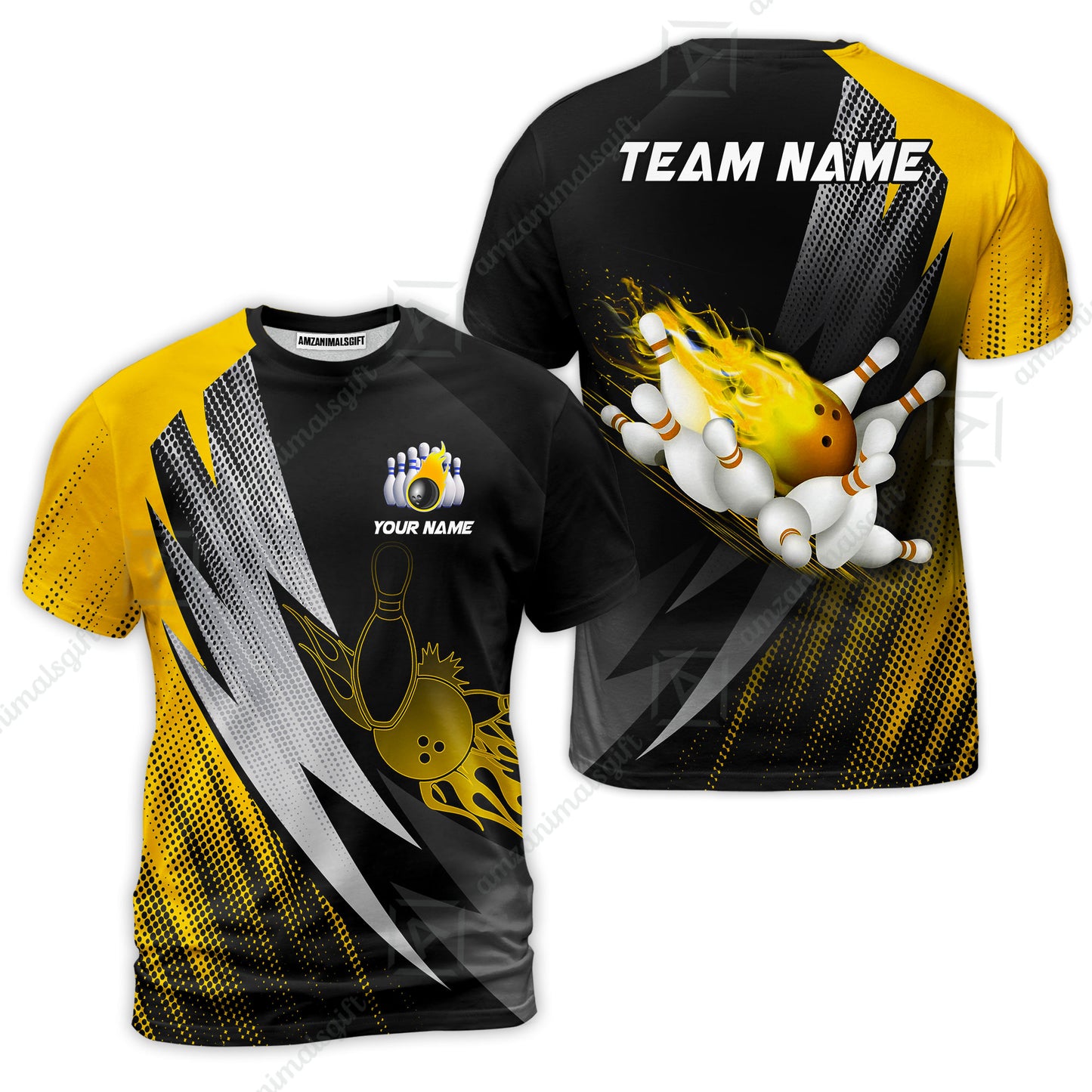 Customized Bowling T-Shirt, Bowling Ball And Pins Thunder Polka Dot Motifs Multicolor Option Customized Name And Team Polo Shirts