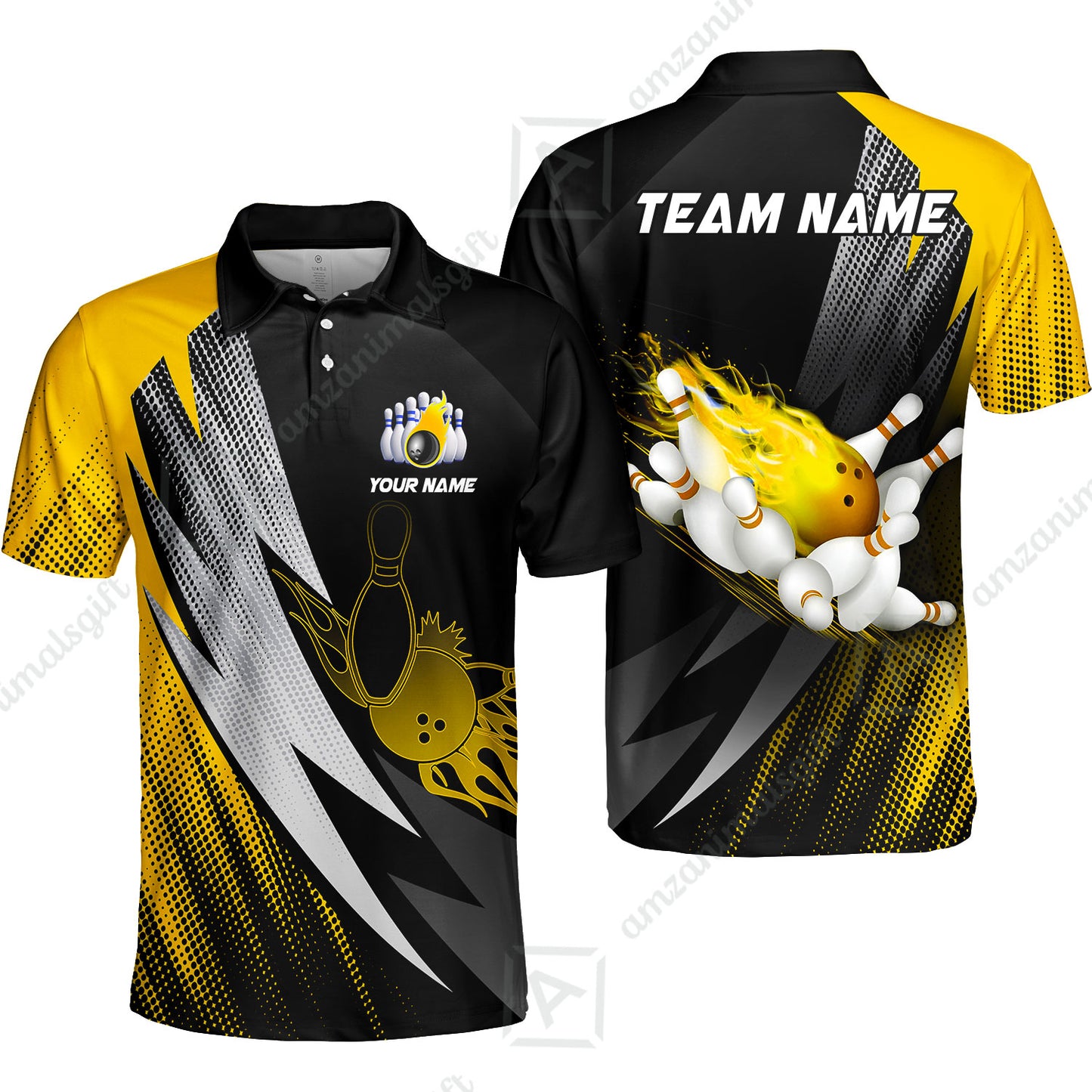 Customized Bowling Unisex Polo Shirt, Bowling Ball And Pins Thunder Polka Dot Motifs Multicolor Option Customized Name And Team Polo Shirts