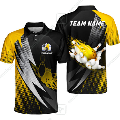 Customized Bowling Unisex Polo Shirt, Bowling Ball And Pins Thunder Polka Dot Motifs Multicolor Option Customized Name And Team Polo Shirts