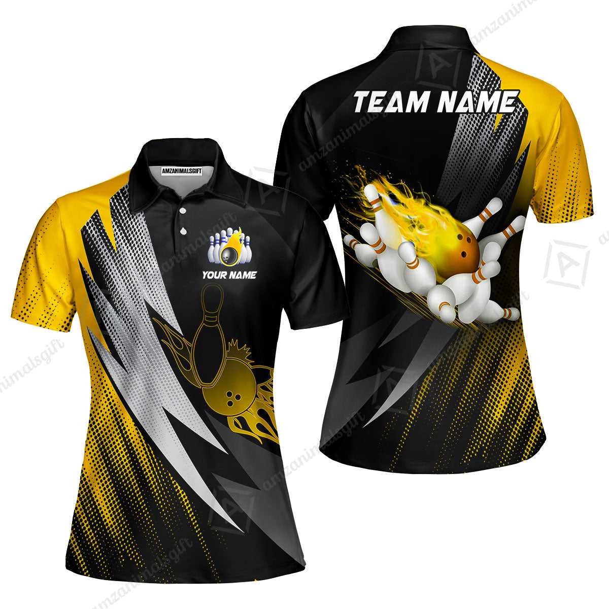 Customized Bowling Women Polo Shirt, Bowling Ball And Pins Thunder Polka Dot Motifs Multicolor Option Customized Name And Team Polo Shirts