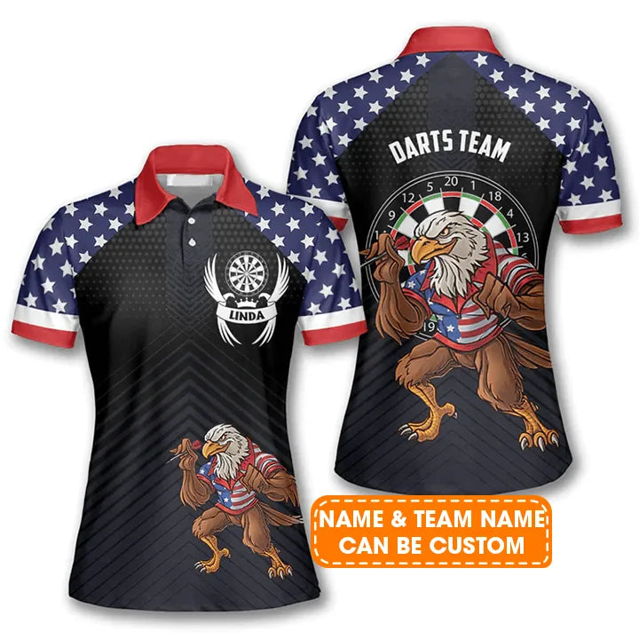 Customized Darts Polo Shirt, Darts Eagle American Flag, Personalized Name Polo Shirt For Women - Perfect Gift For Darts Lovers, Darts Players