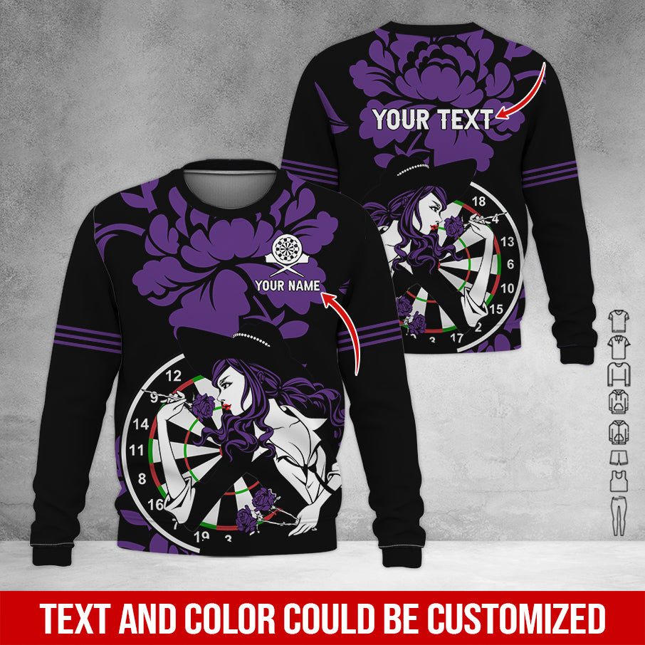 Customized Name & Text Darts Sweatshirt, Personalized Name Rose Girl Plays Darts Sweatshirt For Men & Women - Gift For Darts Lovers, Darts Players