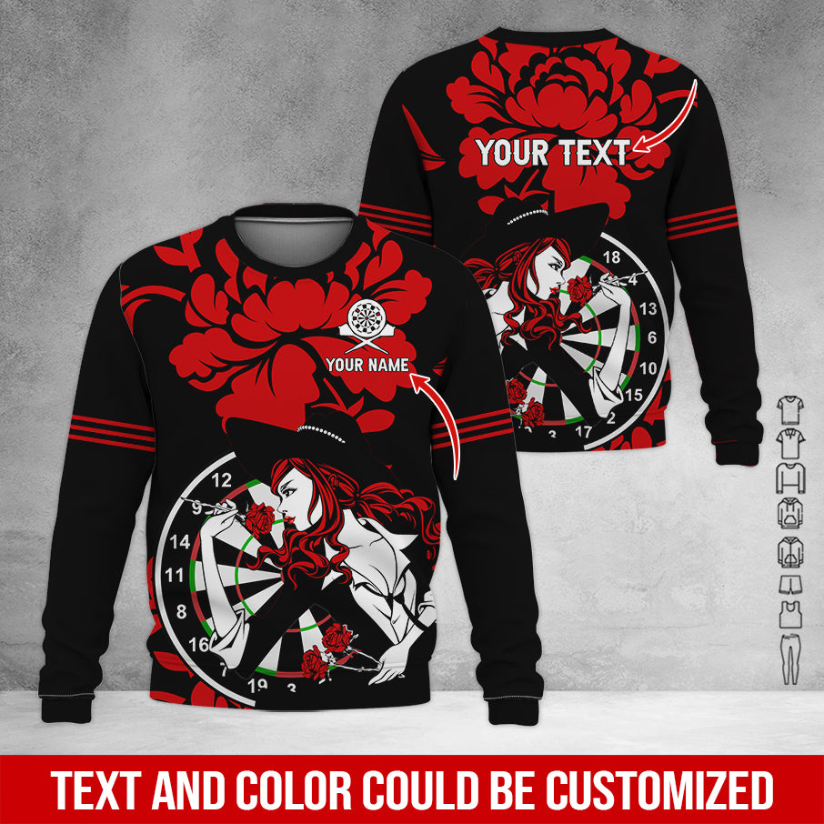Customized Name & Text Darts Sweatshirt, Personalized Name Rose Girl Plays Darts Sweatshirt For Men & Women - Gift For Darts Lovers, Darts Players