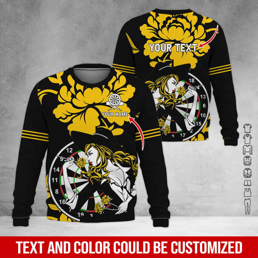 Customized Name & Text Darts Sweatshirt, Personalized Name Rose Girl Plays Darts Sweatshirt For Men & Women - Gift For Darts Lovers, Darts Players