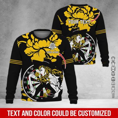 Customized Name & Text Darts Sweatshirt, Personalized Name Rose Girl Plays Darts Sweatshirt For Men & Women - Gift For Darts Lovers, Darts Players