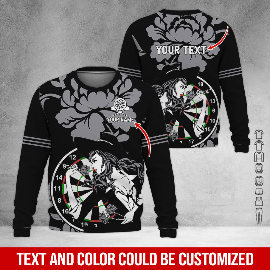 Customized Name & Text Darts Sweatshirt, Personalized Name Rose Girl Plays Darts Sweatshirt For Men & Women - Gift For Darts Lovers, Darts Players