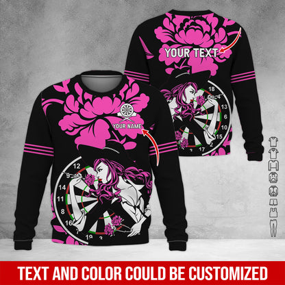 Customized Name & Text Darts Sweatshirt, Personalized Name Rose Girl Plays Darts Sweatshirt For Men & Women - Gift For Darts Lovers, Darts Players