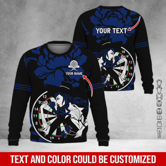 Customized Name & Text Darts Sweatshirt, Personalized Name Rose Girl Plays Darts Sweatshirt For Men & Women - Gift For Darts Lovers, Darts Players