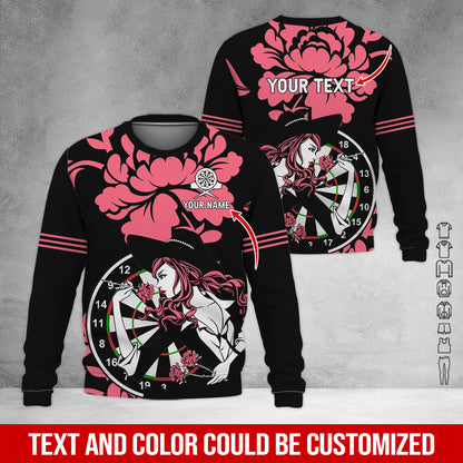 Customized Name & Text Darts Sweatshirt, Personalized Name Rose Girl Plays Darts Sweatshirt For Men & Women - Gift For Darts Lovers, Darts Players