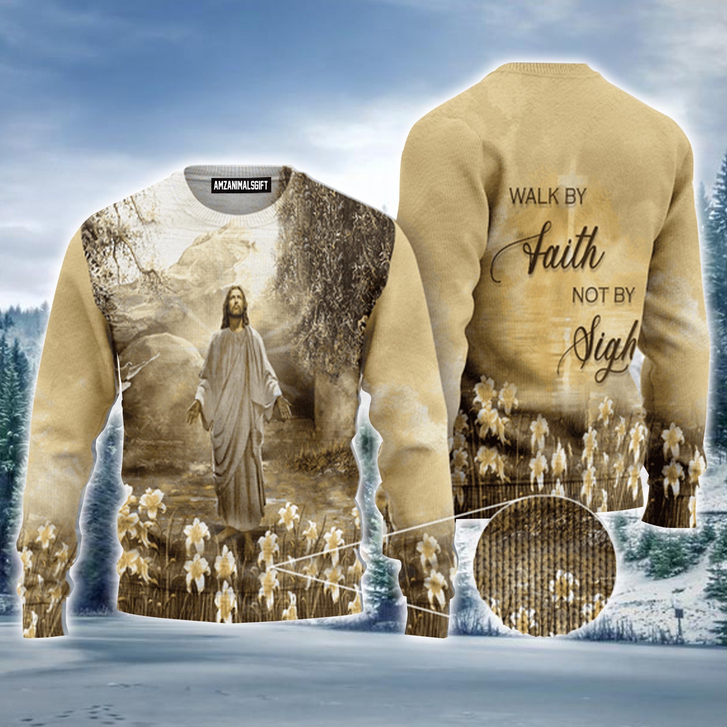 Cross Jesus Flower Walk By Faith Not By Sight Urly Sweater, Christmas Sweater For Men & Women - Perfect Gift For New Year, Winter, Christmas