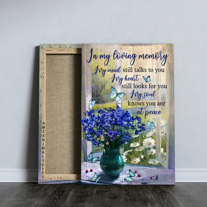 Memorial Premium Wrapped Portrait Canvas - Blue Flower Vase By The Window, Blue Butterfly, My Heart Still Looks For You - Gift For Members Family