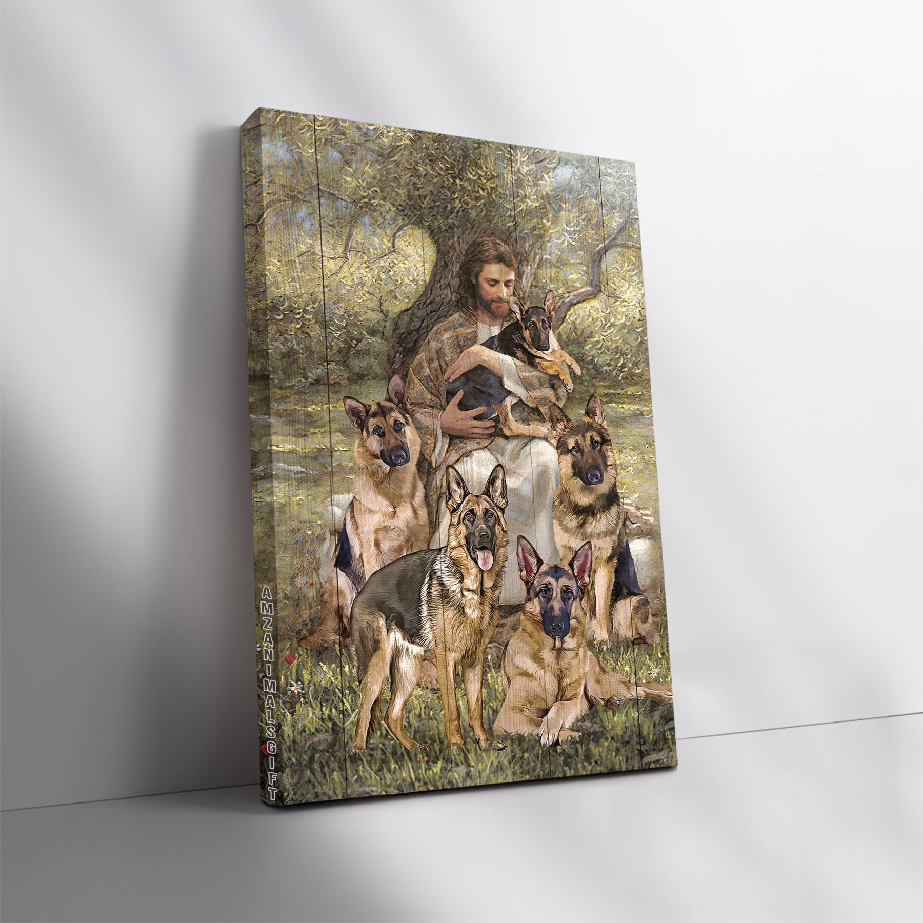German Shepherd & Jesus Premium Wrapped Portrait Canvas - Cute German Shepherd, The world In His Arm, Stunning Forest - Gift For Christian, Dog Lovers
