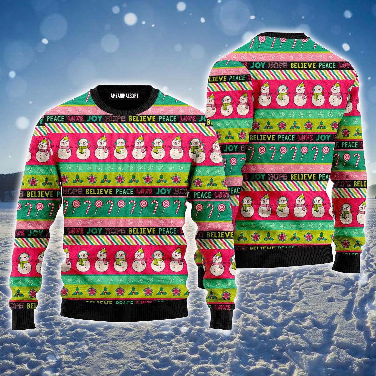 Peace Love Joy Cute Snowman Pattern Ugly Sweater For Men & Women, Perfect Outfit For Christmas New Year Autumn Winter