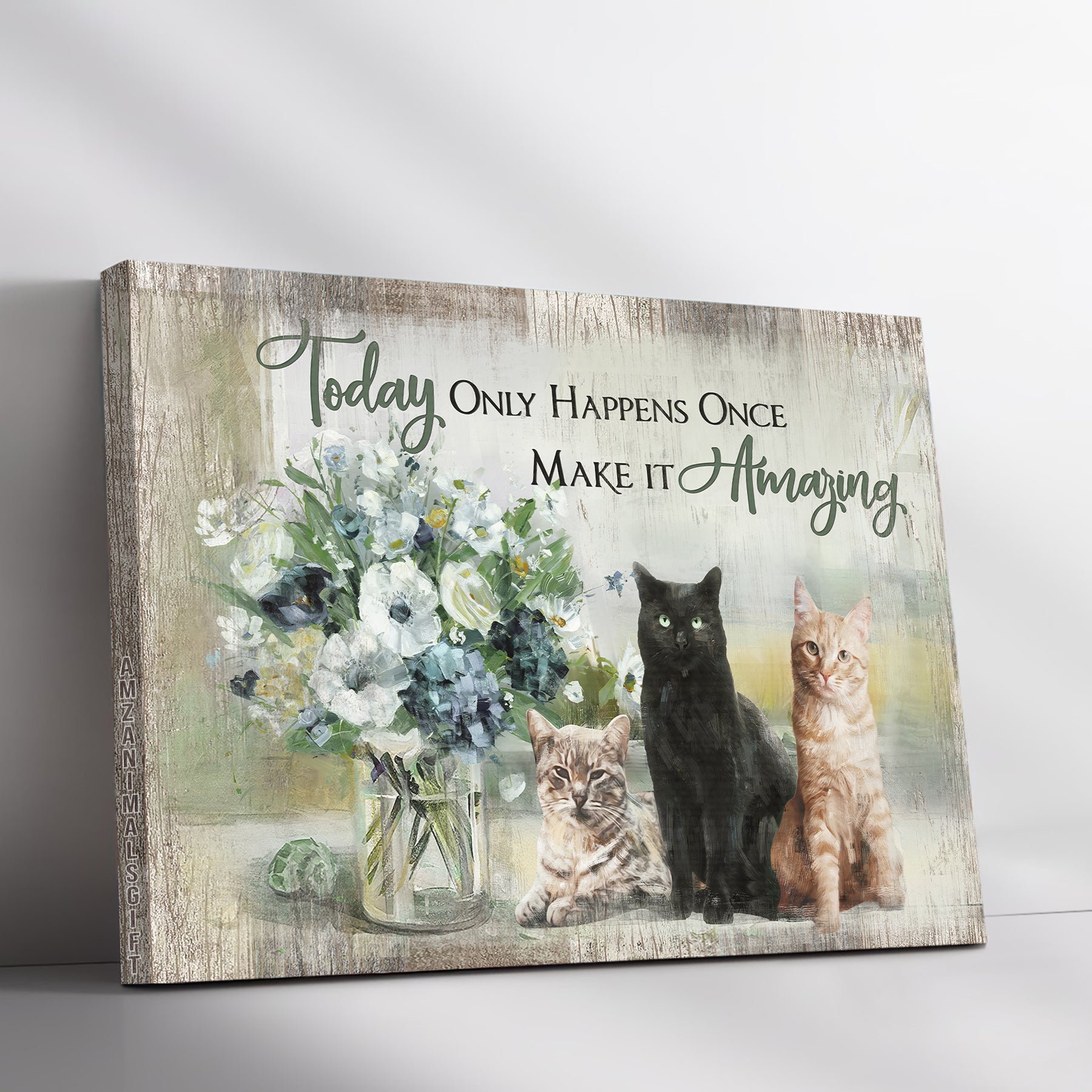 Cat & Jesus Premium Wrapped Landscape Canvas - Adorable Cats, Flower Vase, Today Only Happens Once Make It Amazing - Perfect Gift For Christian