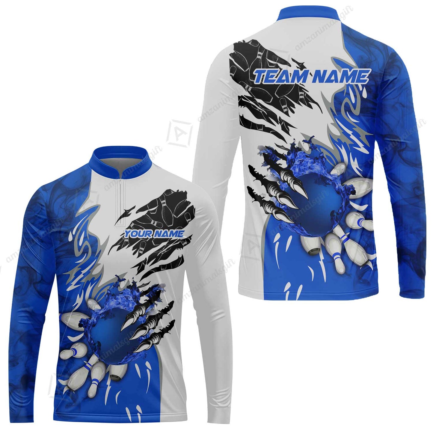 Customized Bowling Long Sleeve Jersey, Bowling And Pins Plame Monster Hand Premium Multicolor Option Personalized Name And Team Zipper Polo Jerseys Shirts