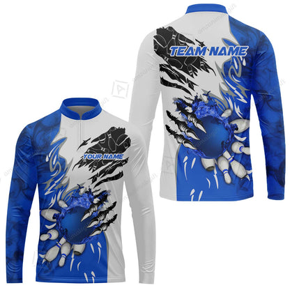 Customized Bowling Long Sleeve Jersey, Bowling And Pins Plame Monster Hand Premium Multicolor Option Personalized Name And Team Zipper Polo Jerseys Shirts