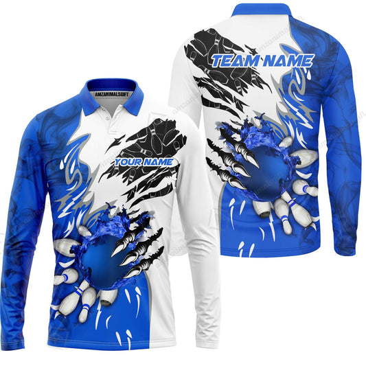 Customized Bowling Long Sleeve Polo Shirt, Bowling And Pins Plame Monster Hand Premium Multicolor Option Personalized Name And Team Zipper Polo Jerseys Shirts