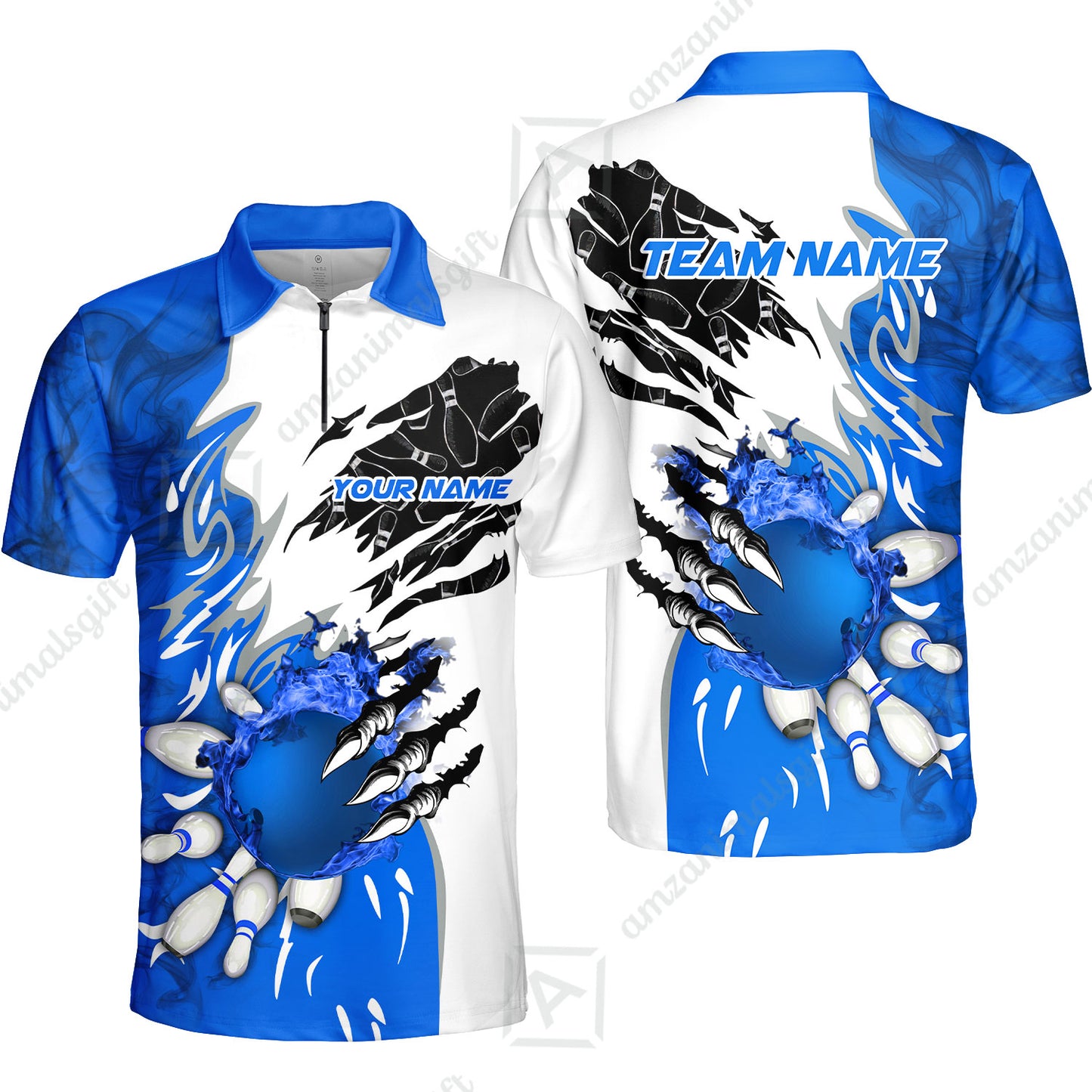 Customized Bowling Quater-Zip Polo Shirt, Bowling And Pins Plame Monster Hand Premium Multicolor Option Personalized Name And Team Zipper Polo Jerseys Shirts