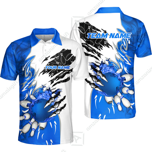 Customized Bowling Unisex Polo Shirt , Bowling And Pins Plame Monster Hand Premium Multicolor Option Personalized Name And Team Zipper Polo Jerseys Shirts