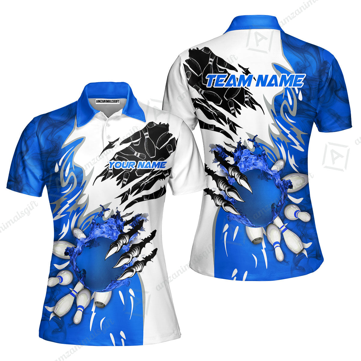 Customized Bowling Women Polo Shirt, Bowling And Pins Plame Monster Hand Premium Multicolor Option Personalized Name And Team Zipper Polo Jerseys Shirts
