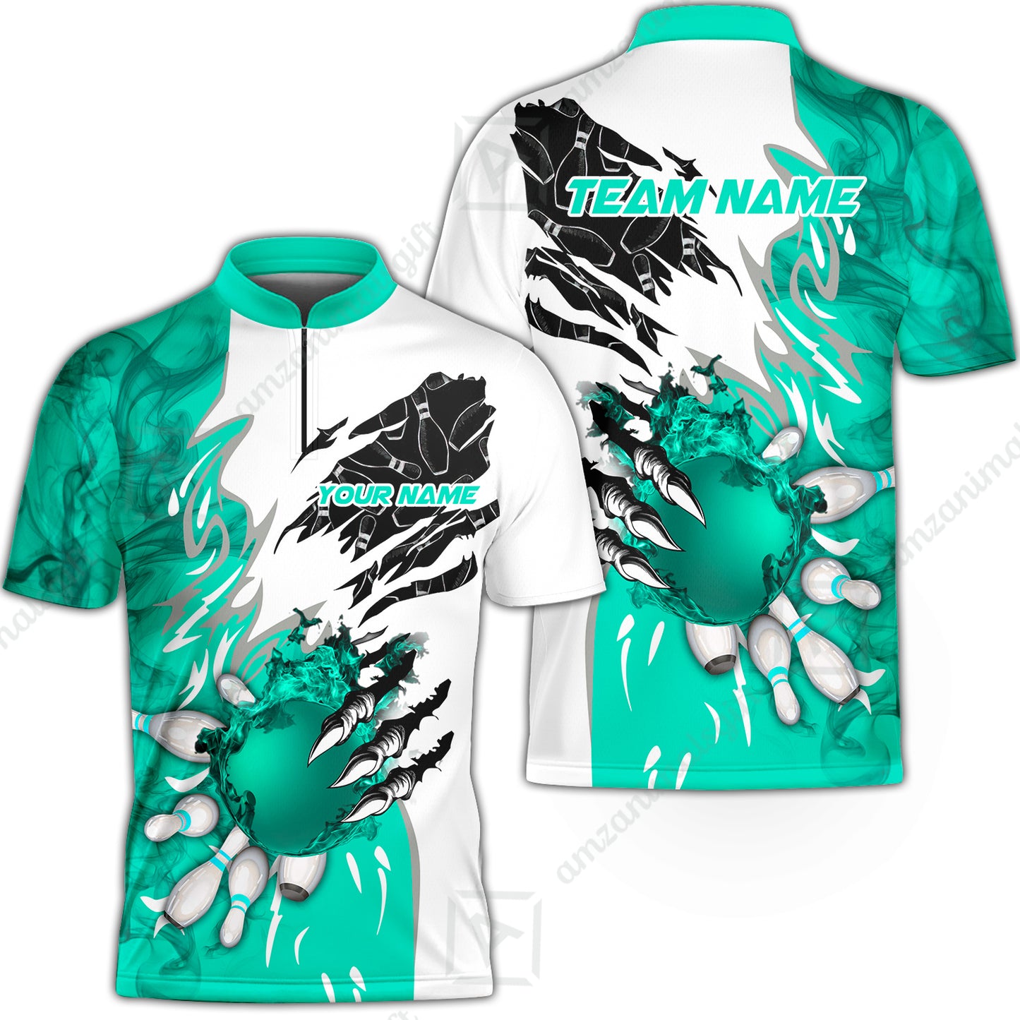 Customized Bowling Jersey, Bowling And Pins Plame Monster Hand Premium Multicolor Option Personalized Name And Team Zipper Polo Jerseys Shirts