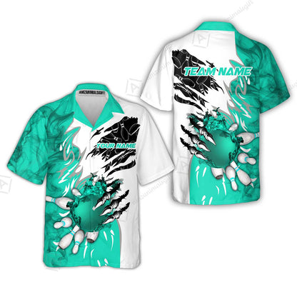 Customized Bowling Hawaiian Shirt, Bowling And Pins Plame Monster Hand Premium Multicolor Option Personalized Name And Team Zipper Polo Jerseys Shirts
