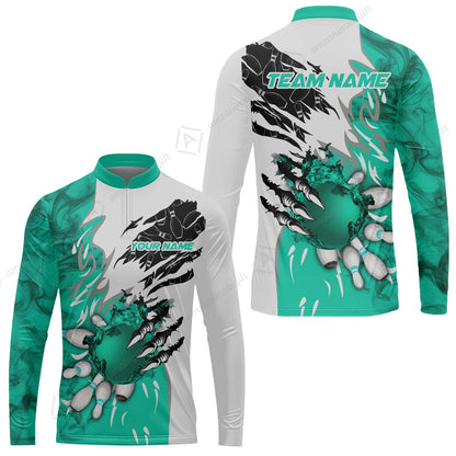 Customized Bowling Long Sleeve Jersey, Bowling And Pins Plame Monster Hand Premium Multicolor Option Personalized Name And Team Zipper Polo Jerseys Shirts