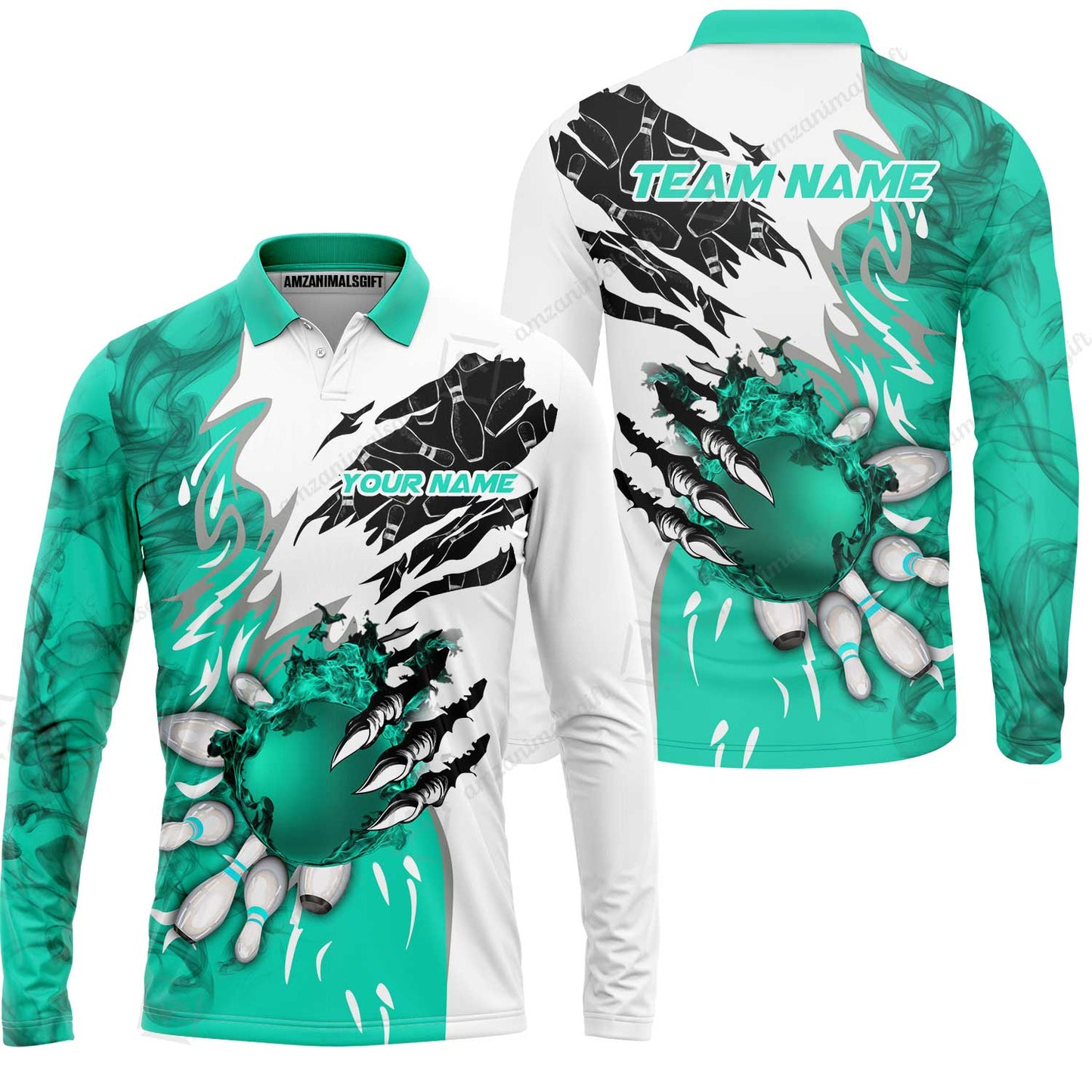 Customized Bowling Long Sleeve Polo Shirt, Bowling And Pins Plame Monster Hand Premium Multicolor Option Personalized Name And Team Zipper Polo Jerseys Shirts