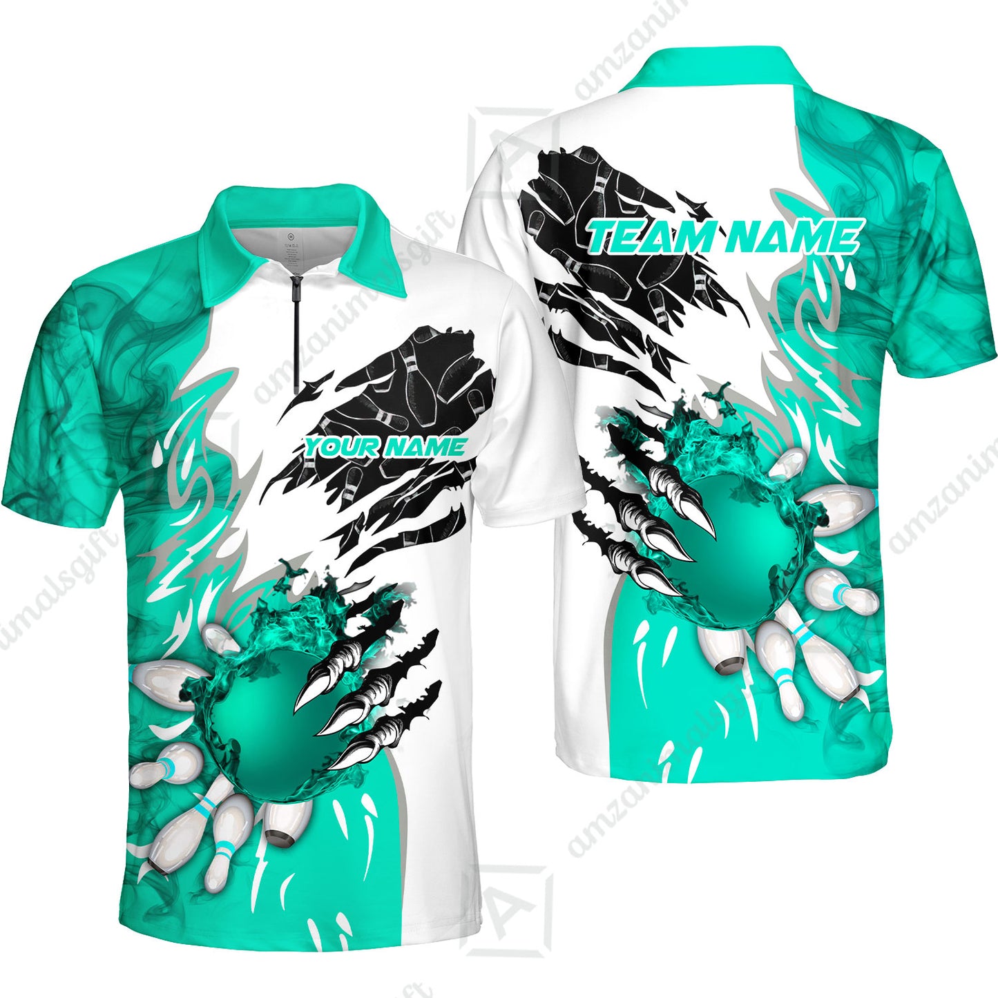 Customized Bowling Quater-Zip Polo Shirt, Bowling And Pins Plame Monster Hand Premium Multicolor Option Personalized Name And Team Zipper Polo Jerseys Shirts