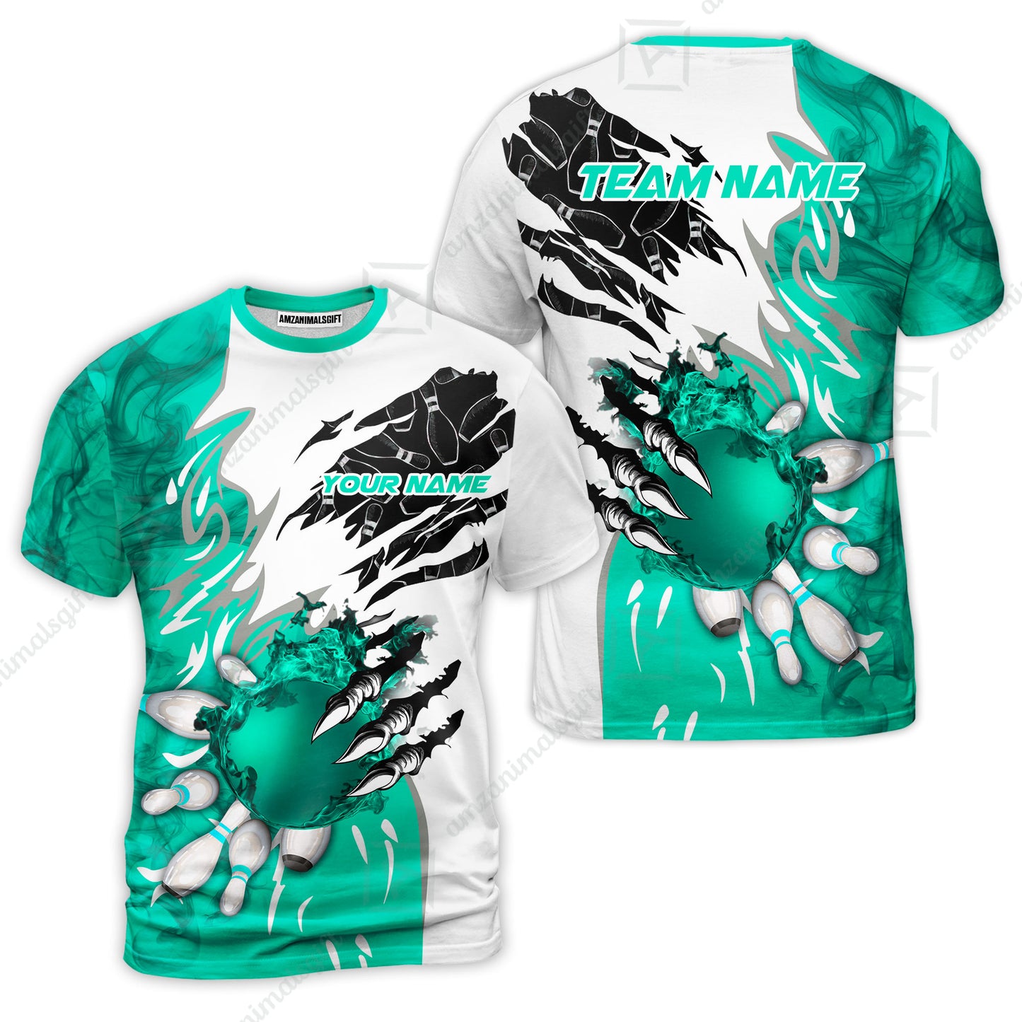 Customized Bowling T-Shirt , Bowling And Pins Plame Monster Hand Premium Multicolor Option Personalized Name And Team Zipper Polo Jerseys Shirts