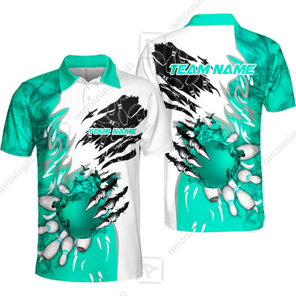 Customized Bowling Unisex Polo Shirt , Bowling And Pins Plame Monster Hand Premium Multicolor Option Personalized Name And Team Zipper Polo Jerseys Shirts