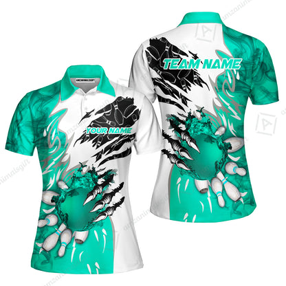 Customized Bowling Women Polo Shirt, Bowling And Pins Plame Monster Hand Premium Multicolor Option Personalized Name And Team Zipper Polo Jerseys Shirts