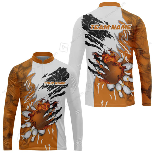 Customized Bowling Long Sleeve Jersey, Bowling And Pins Plame Monster Hand Premium Multicolor Option Personalized Name And Team Zipper Polo Jerseys Shirts