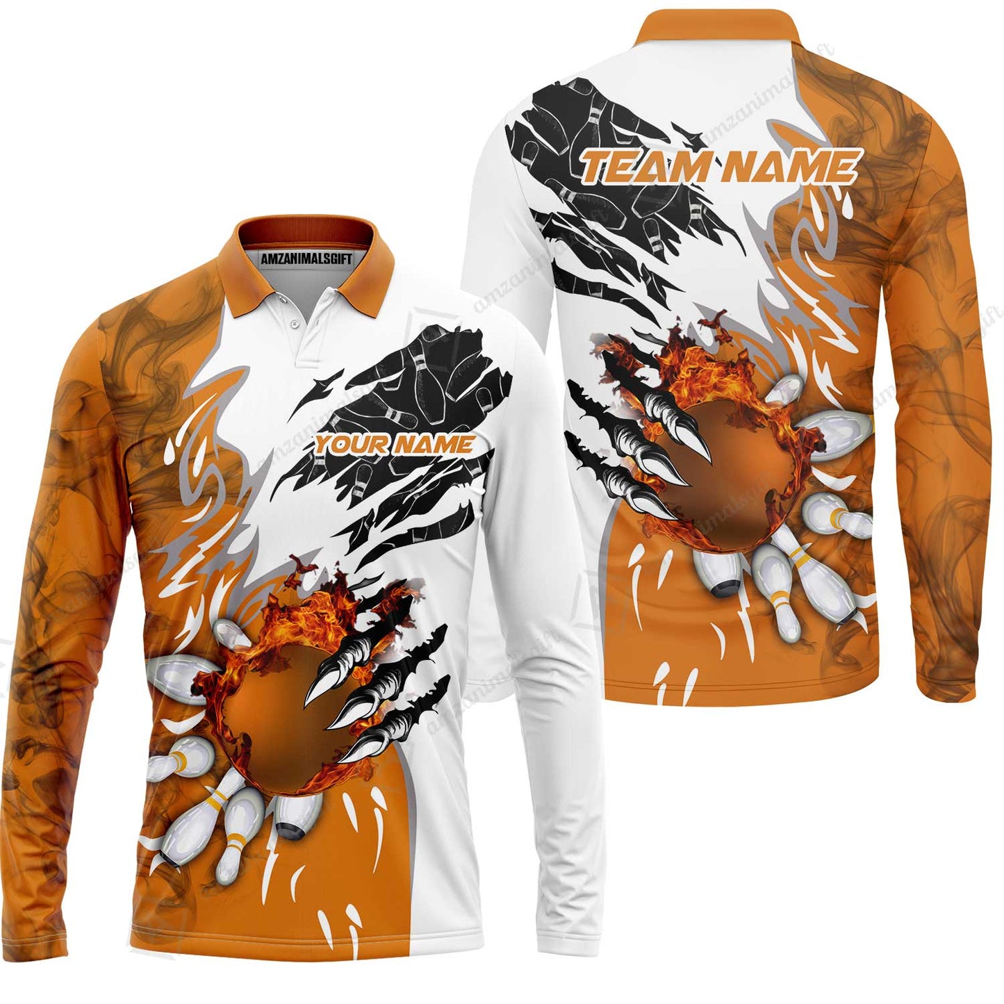 Customized Bowling Long Sleeve Polo Shirt, Bowling And Pins Plame Monster Hand Premium Multicolor Option Personalized Name And Team Zipper Polo Jerseys Shirts
