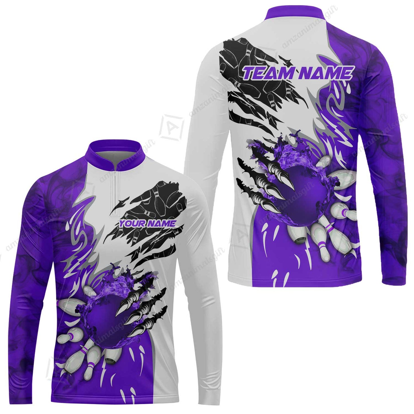 Customized Bowling Long Sleeve Jersey, Bowling And Pins Plame Monster Hand Premium Multicolor Option Personalized Name And Team Zipper Polo Jerseys Shirts