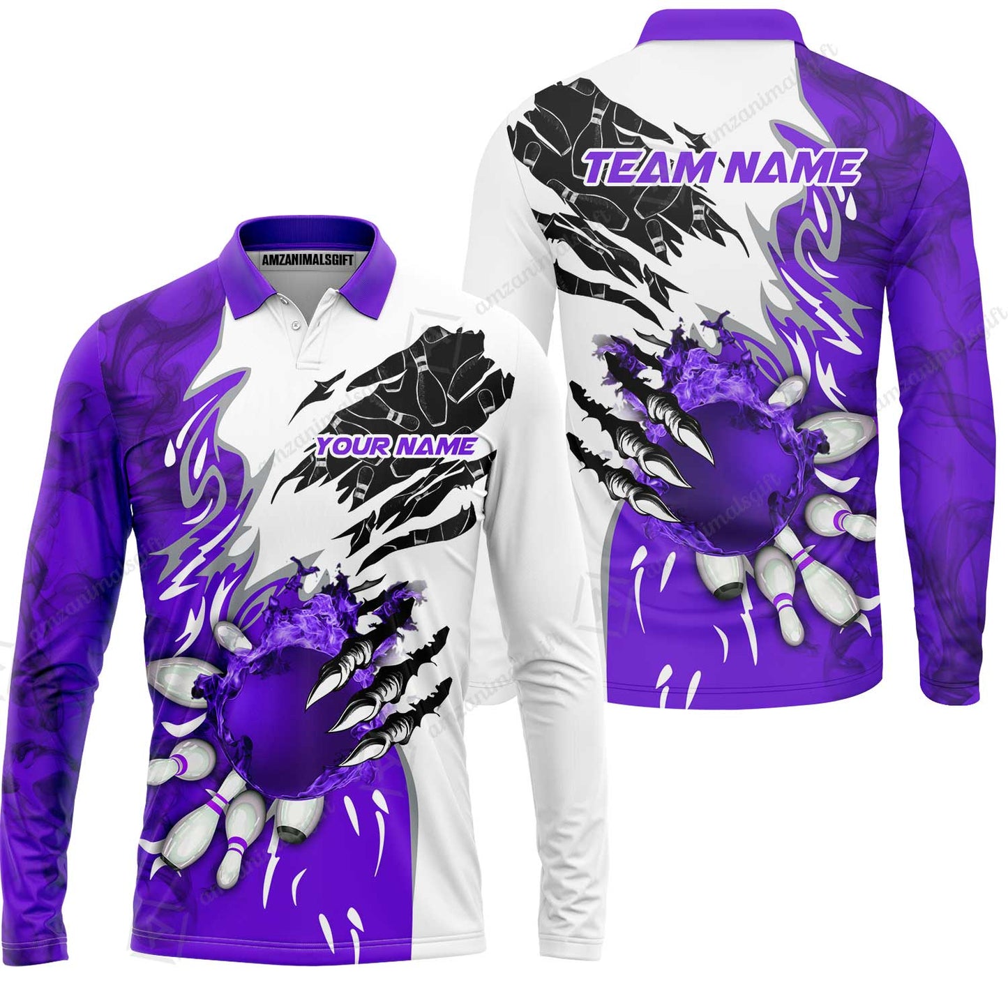 Customized Bowling Long Sleeve Polo Shirt, Bowling And Pins Plame Monster Hand Premium Multicolor Option Personalized Name And Team Zipper Polo Jerseys Shirts
