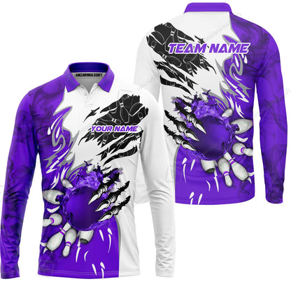 Customized Bowling Long Sleeve Polo Shirt, Bowling And Pins Plame Monster Hand Premium Multicolor Option Personalized Name And Team Zipper Polo Jerseys Shirts