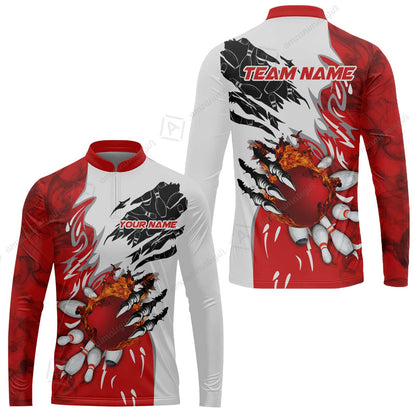 Customized Bowling Long Sleeve Jersey, Bowling And Pins Plame Monster Hand Premium Multicolor Option Personalized Name And Team Zipper Polo Jerseys Shirts