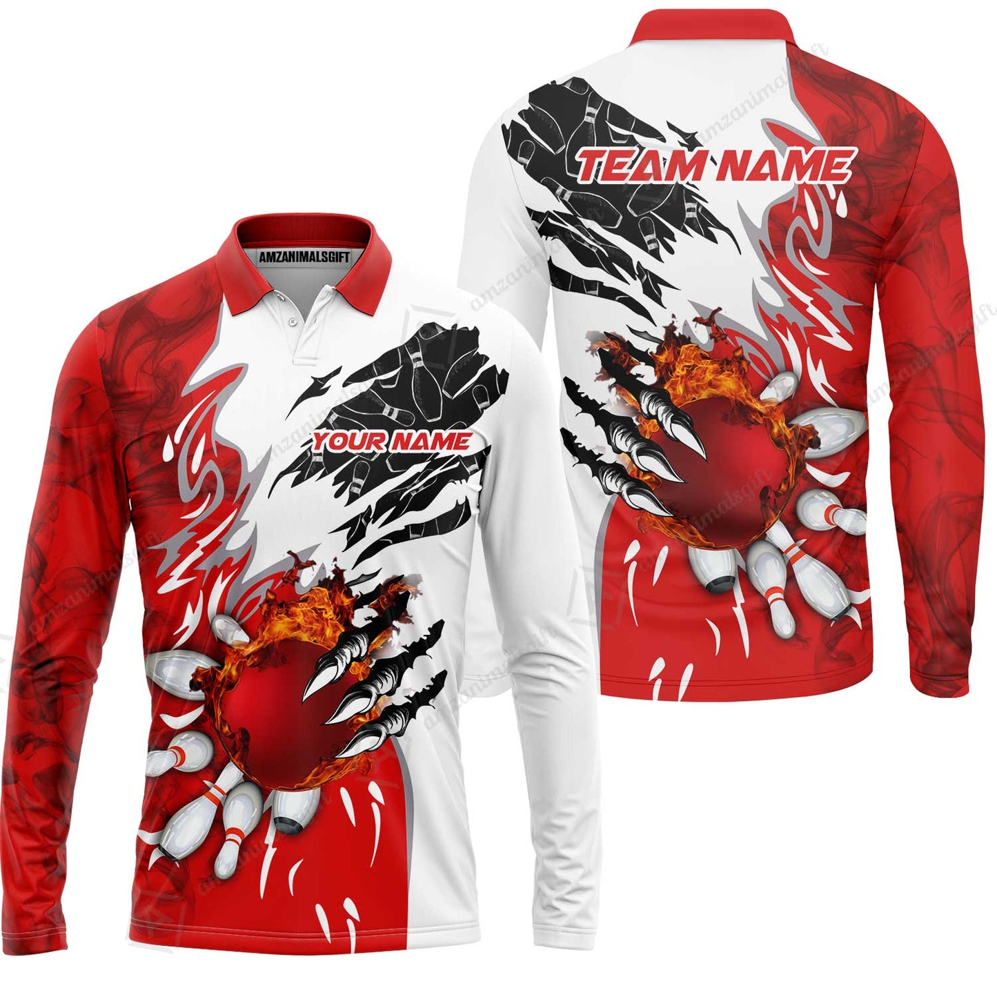 Customized Bowling Long Sleeve Polo Shirt, Bowling And Pins Plame Monster Hand Premium Multicolor Option Personalized Name And Team Zipper Polo Jerseys Shirts