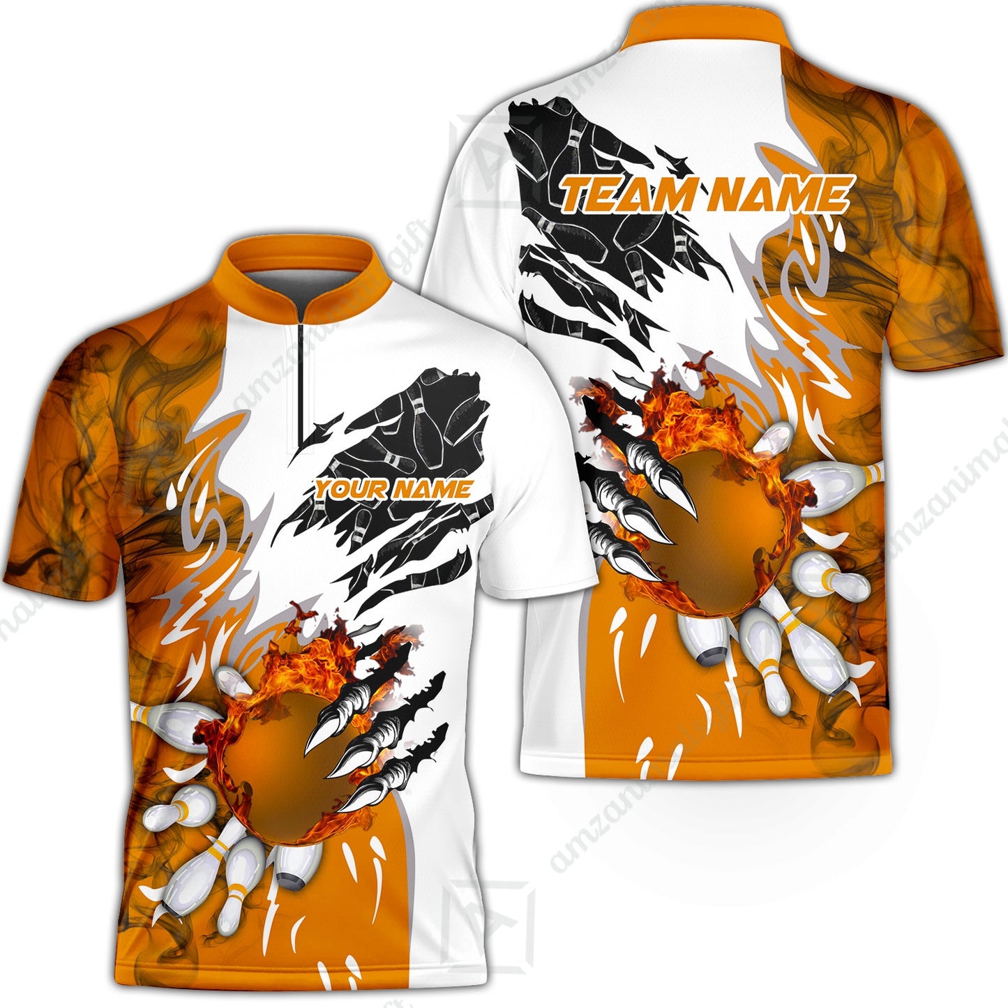 Customized Bowling Jersey, Bowling And Pins Plame Monster Hand Premium Multicolor Option Personalized Name And Team Zipper Polo Jerseys Shirts