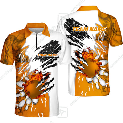 Customized Bowling Quater-Zip Polo Shirt, Bowling And Pins Plame Monster Hand Premium Multicolor Option Personalized Name And Team Zipper Polo Jerseys Shirts