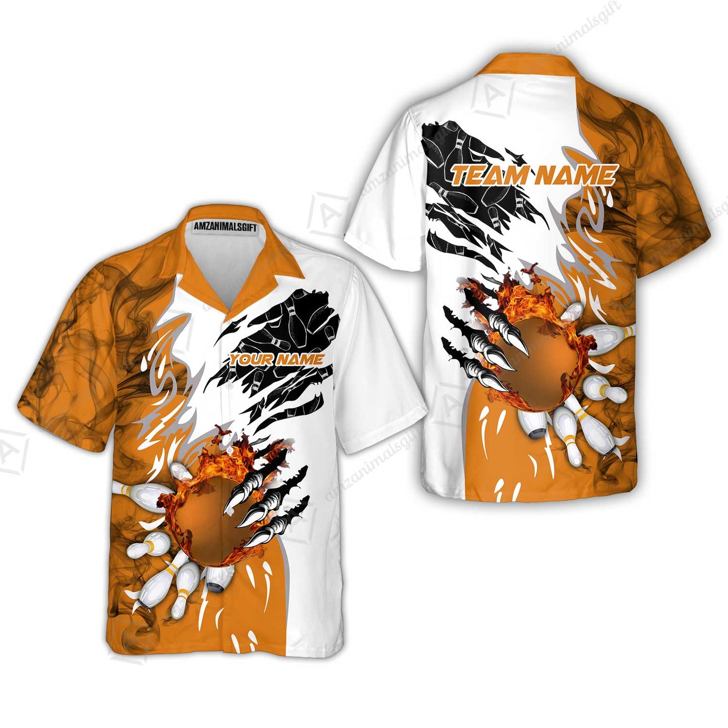 Customized Bowling Hawaiian Shirt, Bowling And Pins Plame Monster Hand Premium Multicolor Option Personalized Name And Team Zipper Polo Jerseys Shirts