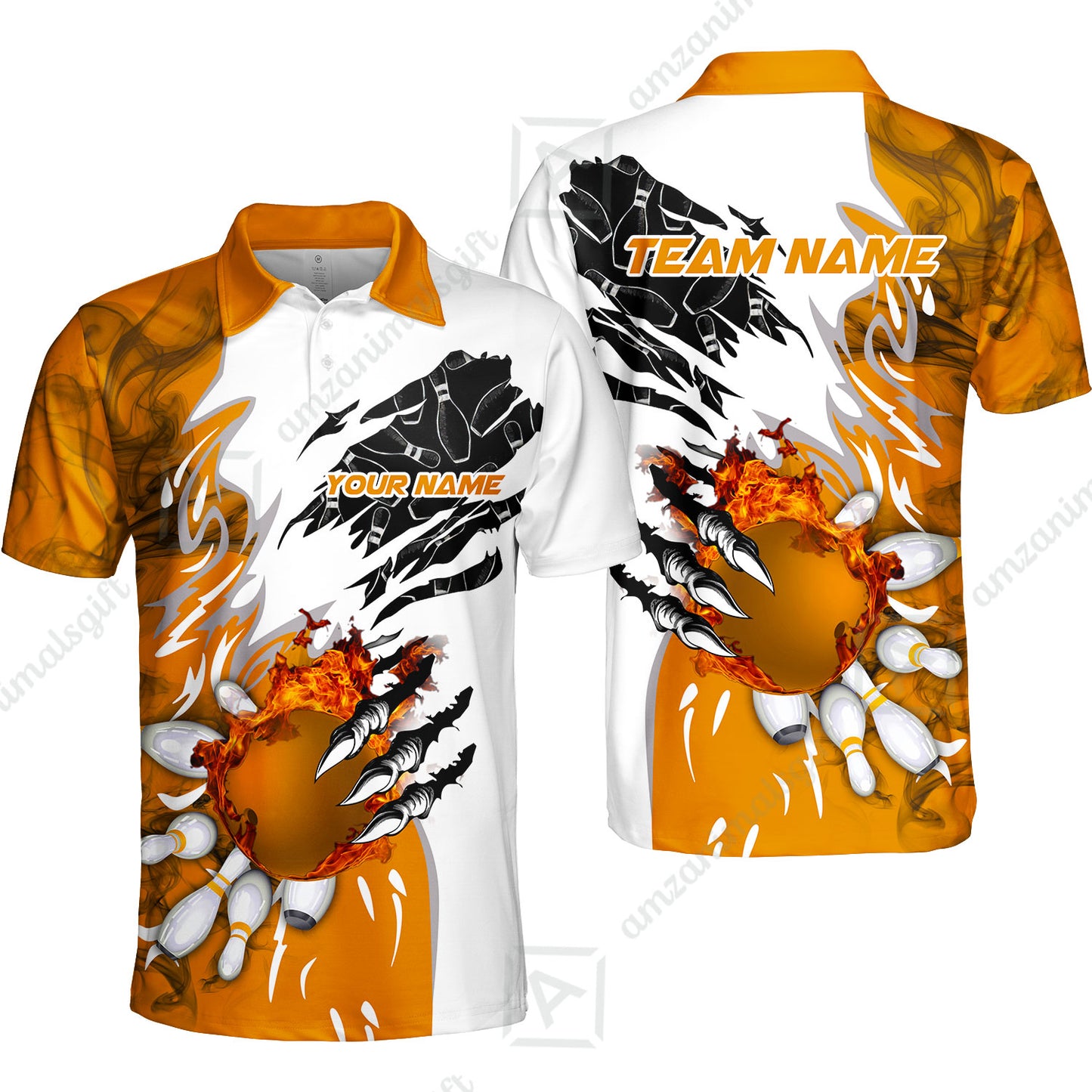 Customized Bowling Unisex Polo Shirt , Bowling And Pins Plame Monster Hand Premium Multicolor Option Personalized Name And Team Zipper Polo Jerseys Shirts