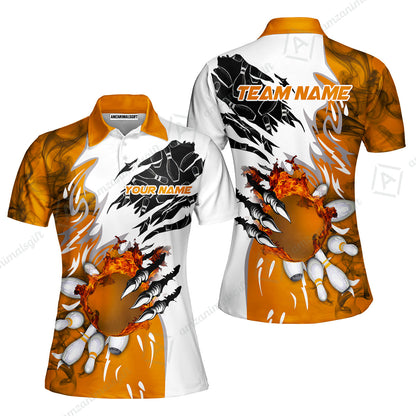 Customized Bowling Women Polo Shirt, Bowling And Pins Plame Monster Hand Premium Multicolor Option Personalized Name And Team Zipper Polo Jerseys Shirts