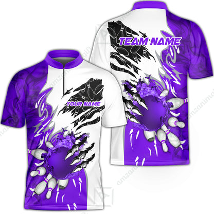 Customized Bowling Jersey, Bowling And Pins Plame Monster Hand Premium Multicolor Option Personalized Name And Team Zipper Polo Jerseys Shirts