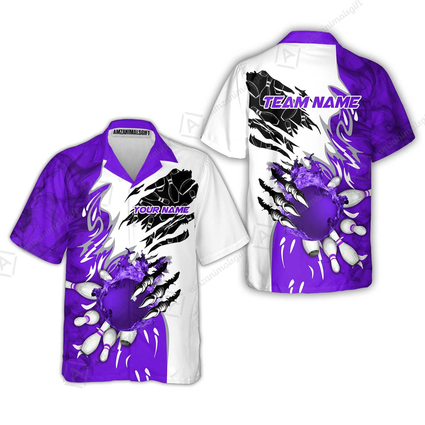 Customized Bowling Hawaiian Shirt, Bowling And Pins Plame Monster Hand Premium Multicolor Option Personalized Name And Team Zipper Polo Jerseys Shirts