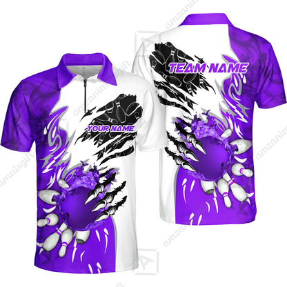 Customized Bowling Quater-Zip Polo Shirt, Bowling And Pins Plame Monster Hand Premium Multicolor Option Personalized Name And Team Zipper Polo Jerseys Shirts