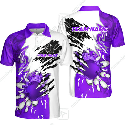 Customized Bowling Unisex Polo Shirt , Bowling And Pins Plame Monster Hand Premium Multicolor Option Personalized Name And Team Zipper Polo Jerseys Shirts